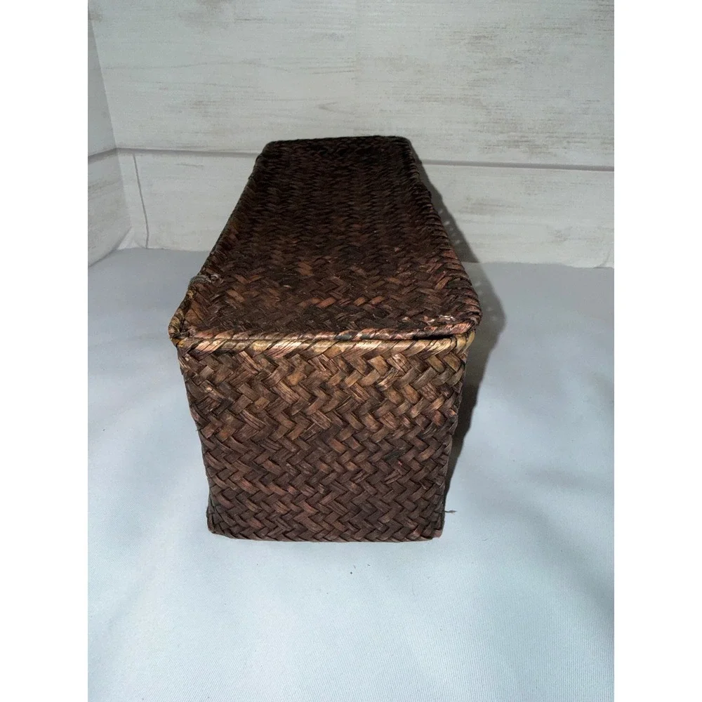 Set of 3 Nesting Woven Seagrass Storage Baskets Dark Brown Rectangle Lidded Box